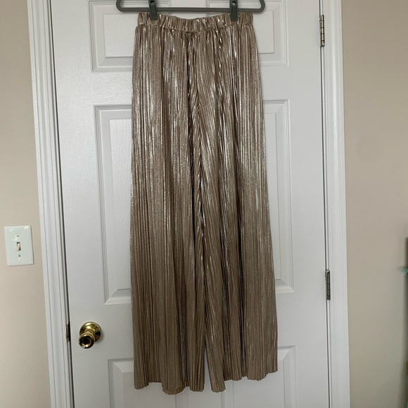 LUCY PARIS Bianca metallic champagne pleated wide leg pants M - Picture 2 of 6